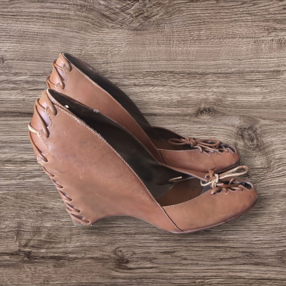 Vintage Donald J Pliner Sport-I-Que Leather Wedge lace Heels Size 7 Honey Toffee